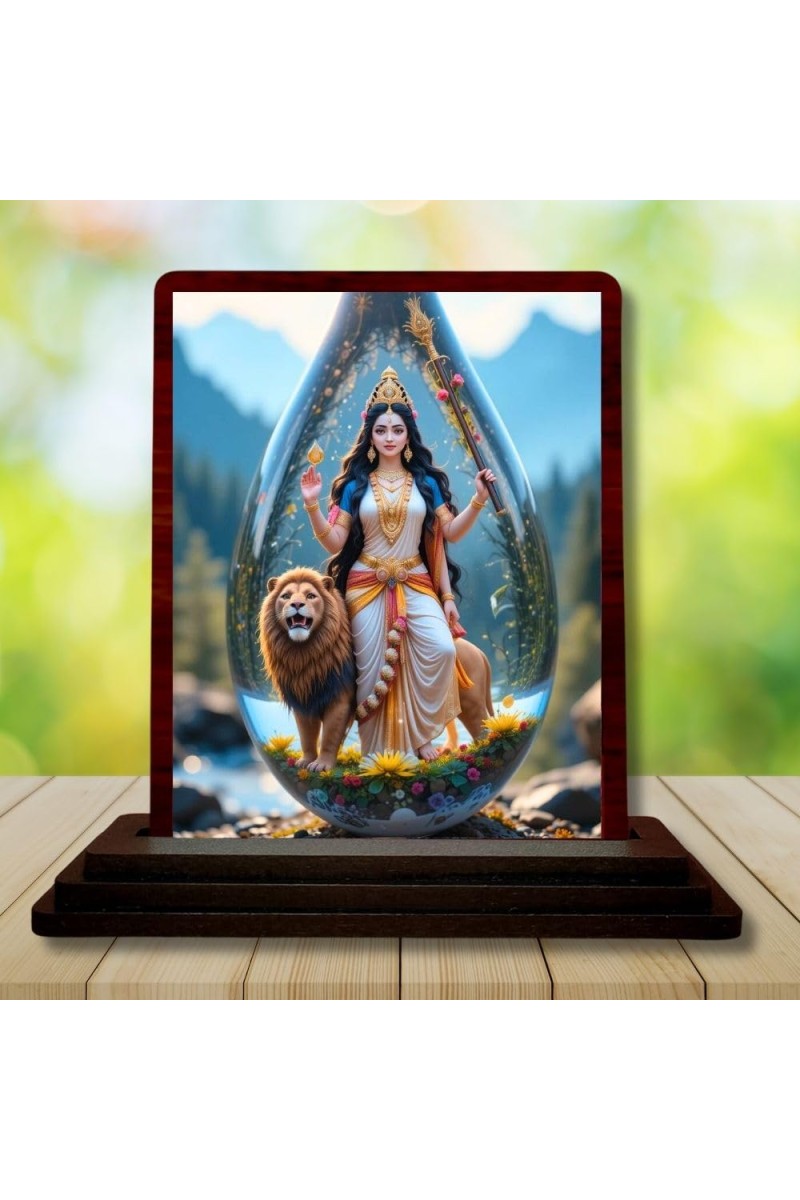 Car Desk/Table Top Goddess Durga Wooden Photo Stand â€“ 3x4 Inches, Compact & Stylish Spiritual Display For Car, Home & Office (Pack Of 1) (F14413)
