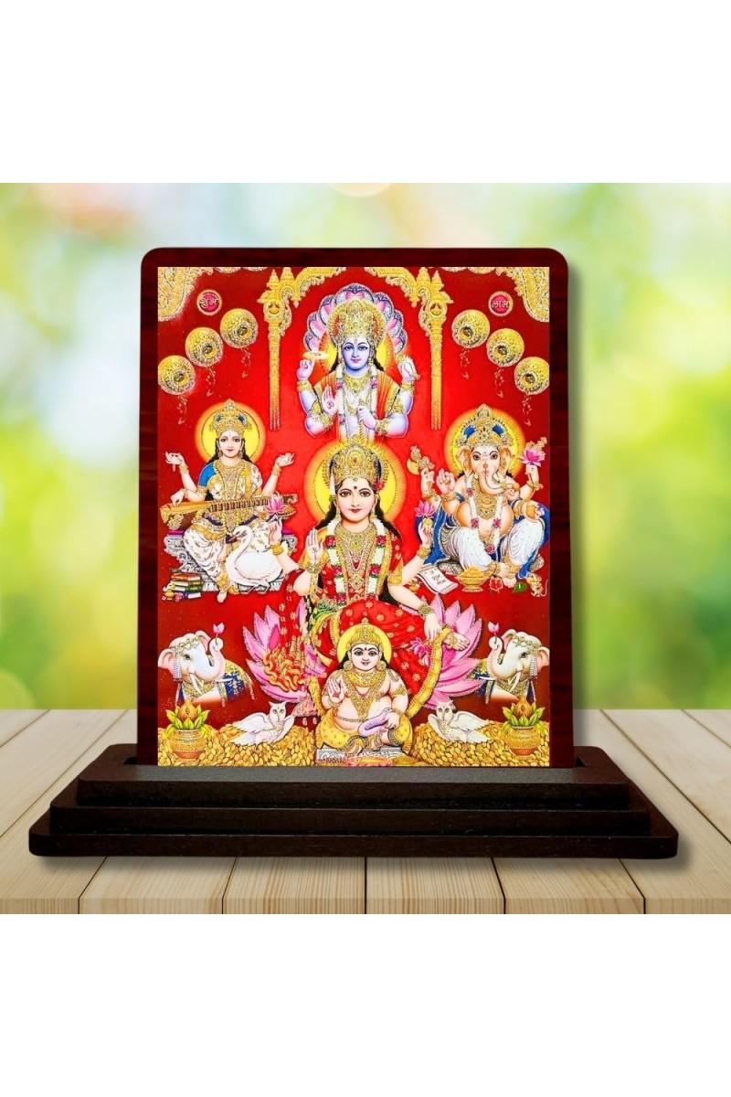Car Desk/Table Top Goddess Lakshmi Ganesha Kubera Wooden Photo Stand â€“ 3x4 Inches, Compact & Stylish Spiritual Display For Car, Home & Office (Pack Of 1) (F14566)