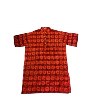 Men’s Cotton Om Swastik Orange Kurta – Traditional Indian Spiritual Shirt for Puja, Meditation, – Short Sleeve Ethnic Hindu Wear – Printed Kurta for Festival & Daily Use