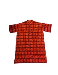 Men’s Cotton Om Swastik Orange Kurta – Traditional Indian Spiritual Shirt for Puja, Meditation, – Short Sleeve Ethnic Hindu Wear – Printed Kurta for Festival & Daily Use