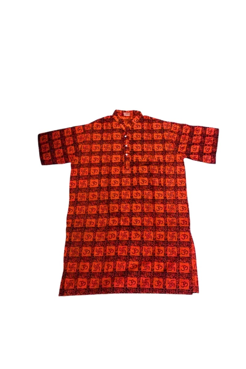 Men’s Cotton Om Swastik Orange Kurta – Traditional Indian Spiritual Shirt for Puja, Meditation, – Short Sleeve Ethnic Hindu Wear – Printed Kurta for Festival & Daily Use