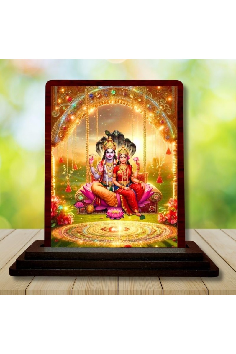 Car Desk/Table Top Lord Vishnu And Lakshmi Wooden Photo Stand â€“ 3x4 Inches, Compact & Stylish Spiritual Display For Car, Home & Office (Pack Of 1) (F14600)