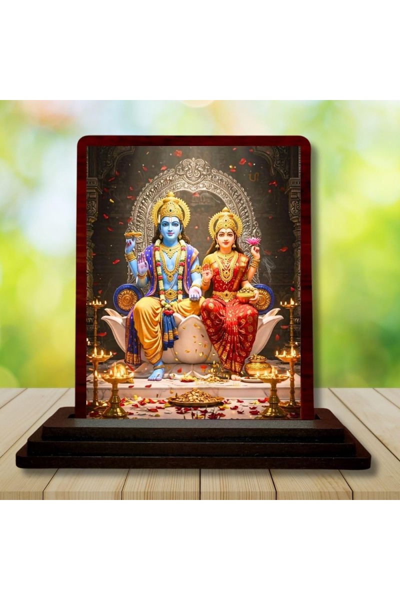 Car Desk/Table Top Lord Vishnu And Lakshmi Wooden Photo Stand â€“ 3x4 Inches, Compact & Stylish Spiritual Display For Car, Home & Office (Pack Of 1) (F14610)