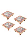 HiTechMart Handcrafted Marble Puja Chowki with Kundan Work, Makrana Marble Pooja Platform with Enamel Painting & Plastic Legs, Decorative Chowki for Mandir, Rituals, Home Décor - 4x4 inch (4, Square)