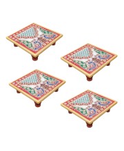 HiTechMart Handcrafted Marble Puja Chowki with Kundan Work, Makrana Marble Pooja Platform with Enamel Painting & Plastic Legs, Decorative Chowki for Mandir, Rituals, Home Décor - 4x4 inch (4, Square)