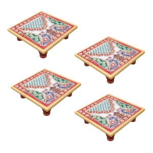 HiTechMart Handcrafted Marble Puja Chowki with Kundan Work, Makrana Marble Pooja Platform with Enamel Painting & Plastic Legs, Decorative Chowki for Mandir, Rituals, Home Décor - 4x4 inch (4, Square)