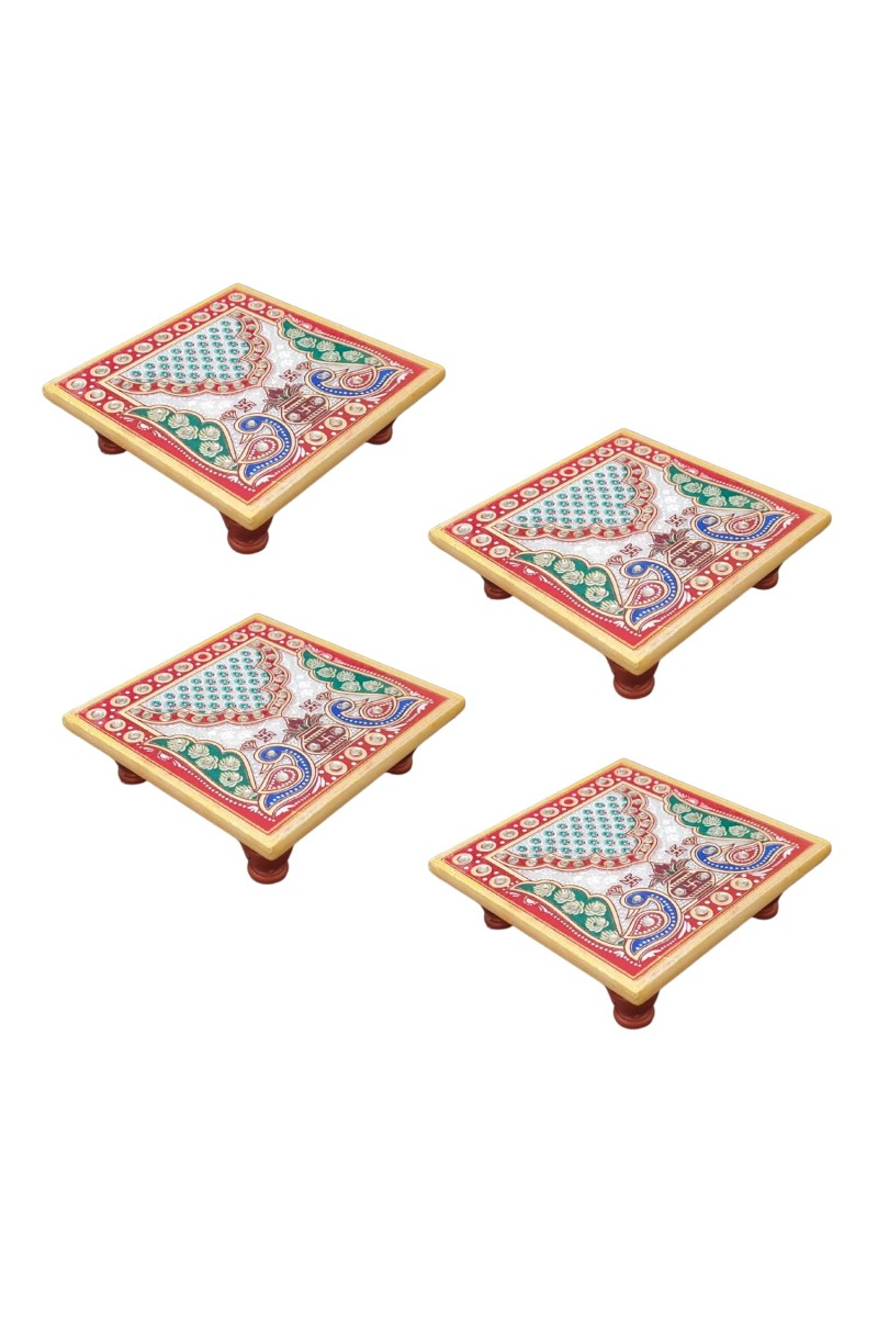 HiTechMart Handcrafted Marble Puja Chowki with Kundan Work, Makrana Marble Pooja Platform with Enamel Painting & Plastic Legs, Decorative Chowki for Mandir, Rituals, Home Décor - 4x4 inch (4, Square)