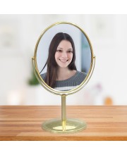 HiTechMart Golden Tabletop Makeup Mirror – Double-Sided, 360° Rotating Vanity Mirror with Elegant Metal Frame for Beauty, Skincare & Grooming