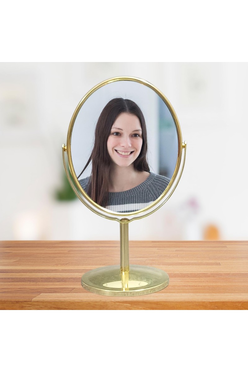 HiTechMart Golden Tabletop Makeup Mirror – Double-Sided, 360° Rotating Vanity Mirror with Elegant Metal Frame for Beauty, Skincare & Grooming