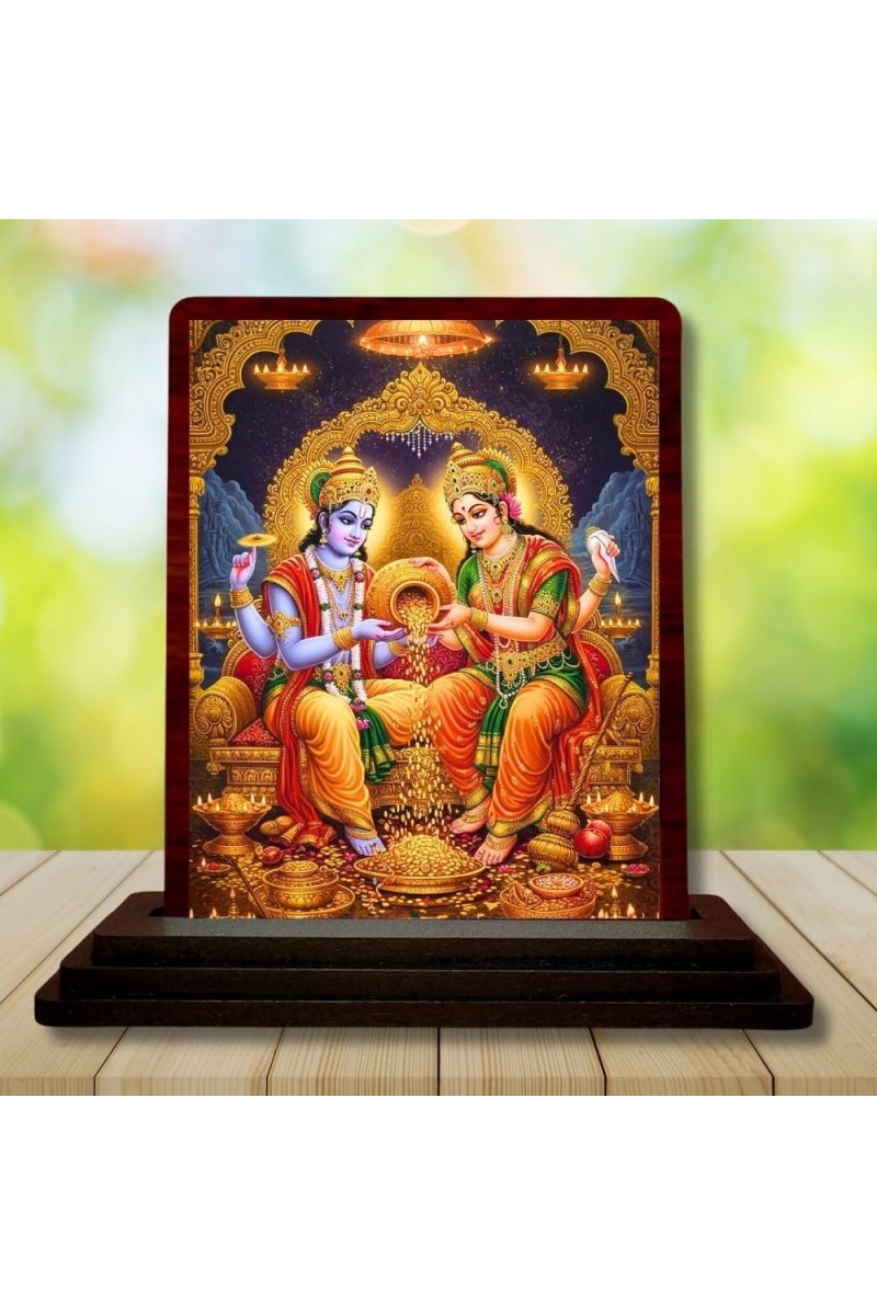 Car Desk/Table Top Lord Vishnu Lakshmi Wooden Photo Stand â€“ 3x4 Inches, Compact & Stylish Spiritual Display For Car, Home & Office (Pack Of 1) (F14565)