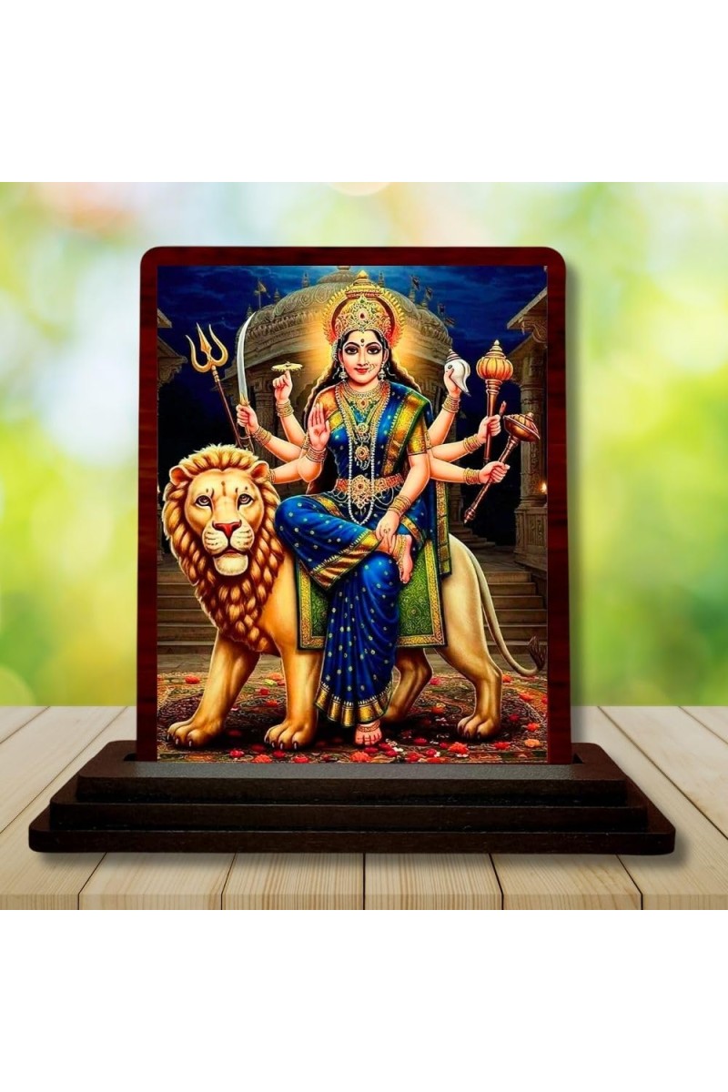 Car Desk/Table Top Goddess Durga Wooden Photo Stand â€“ 3x4 Inches, Compact & Stylish Spiritual Display For Car, Home & Office (Pack Of 1) (F14412)