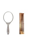 Hitech Sales Oval Silver-Plated Plastic Hand Mirror with One Wooden Hair Comb Free - Portable Mirror for Makeup, Travel, and Daily Use (Medium Size, Pack of 1)