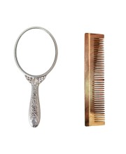 Hitech Sales Oval Silver-Plated Plastic Hand Mirror with One Wooden Hair Comb Free - Portable Mirror for Makeup, Travel, and Daily Use (Medium Size, Pack of 1)