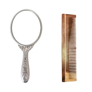 Hitech Sales Oval Silver-Plated Plastic Hand Mirror with One Wooden Hair Comb Free - Portable Mirror for Makeup, Travel, and Daily Use (Medium Size, Pack of 1)