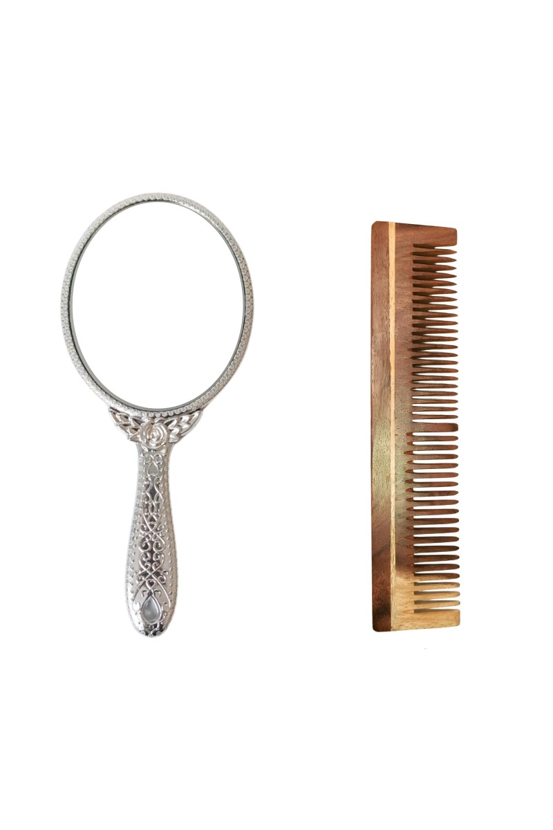 Hitech Sales Oval Silver-Plated Plastic Hand Mirror with One Wooden Hair Comb Free - Portable Mirror for Makeup, Travel, and Daily Use (Medium Size, Pack of 1)