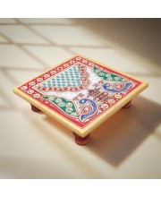HiTechMart Handcrafted Marble Puja Chowki with Kundan Work, Makrana Marble Pooja Platform with Enamel Painting & Plastic Legs, Decorative Chowki for Mandir, Rituals, Home Décor - 4x4 inch (1, Square)