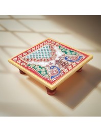 HiTechMart Handcrafted Marble Puja Chowki with Kundan Work, Makrana Marble Pooja Platform with Enamel Painting & Plastic Legs, Decorative Chowki for Mandir, Rituals, Home Décor - 4x4 inch (1, Square)