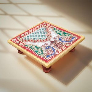 HiTechMart Handcrafted Marble Puja Chowki with Kundan Work, Makrana Marble Pooja Platform with Enamel Painting & Plastic Legs, Decorative Chowki for Mandir, Rituals, Home Décor - 4x4 inch (1, Square)