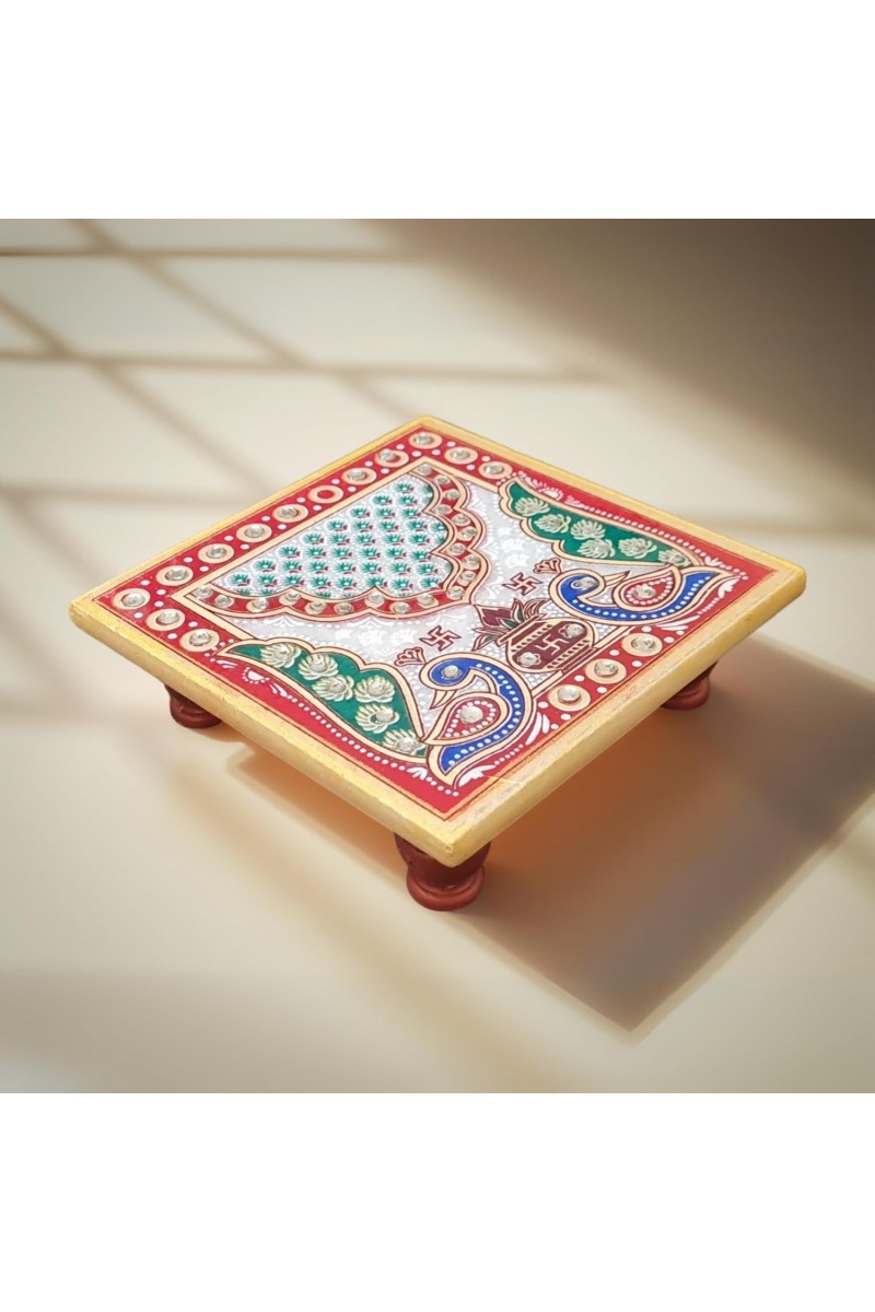 HiTechMart Handcrafted Marble Puja Chowki with Kundan Work, Makrana Marble Pooja Platform with Enamel Painting & Plastic Legs, Decorative Chowki for Mandir, Rituals, Home Décor - 4x4 inch (1, Square)