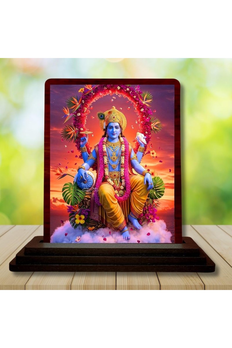 Car Desk/Table Top Lord Vishnu Wooden Photo Stand â€“ 3x4 Inches, Compact & Stylish Spiritual Display For Car, Home & Office (Pack Of 1) (F14612)