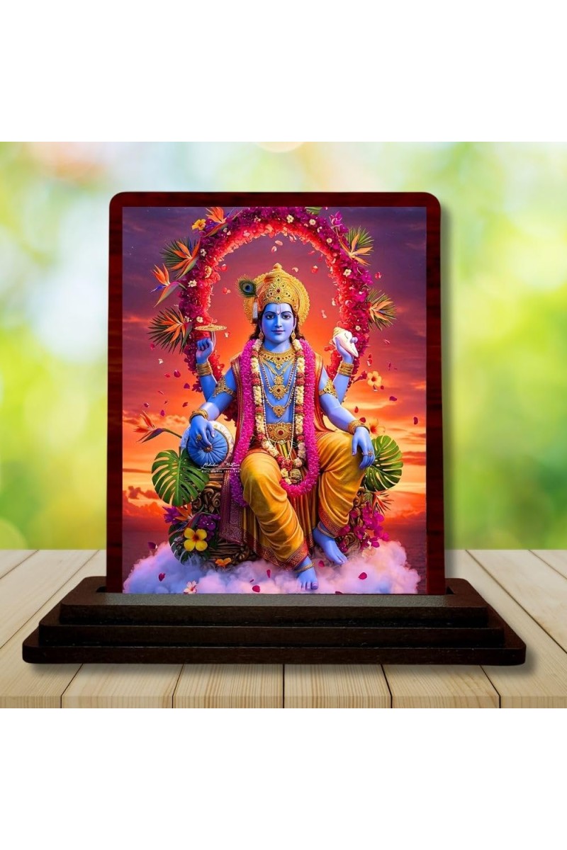 Car Desk/Table Top Lord Vishnu Wooden Photo Stand â€“ 3x4 Inches, Compact & Stylish Spiritual Display For Car, Home & Office (Pack Of 1) (F14406)