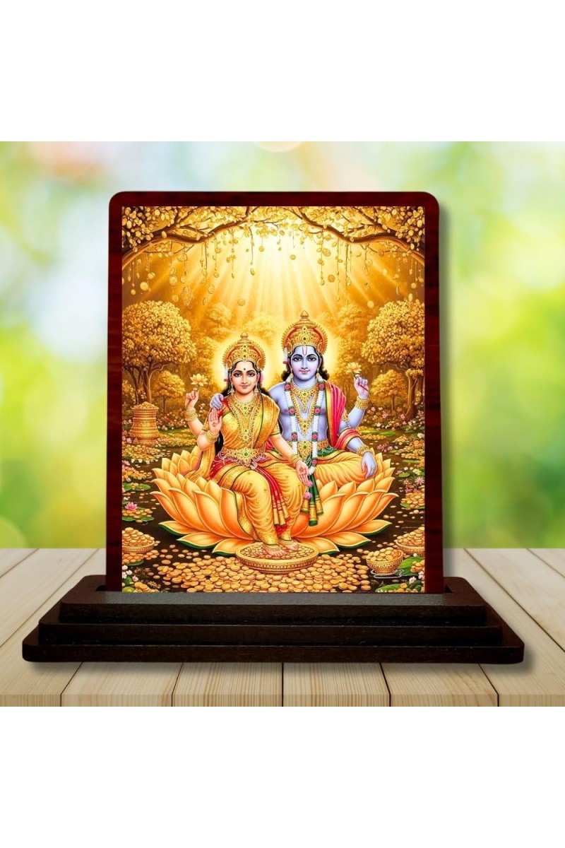 Car Desk/Table Top Lord Vishnu Lakshmi Wooden Photo Stand â€“ 3x4 Inches, Compact & Stylish Spiritual Display For Car, Home & Office (Pack Of 1) (F14564)