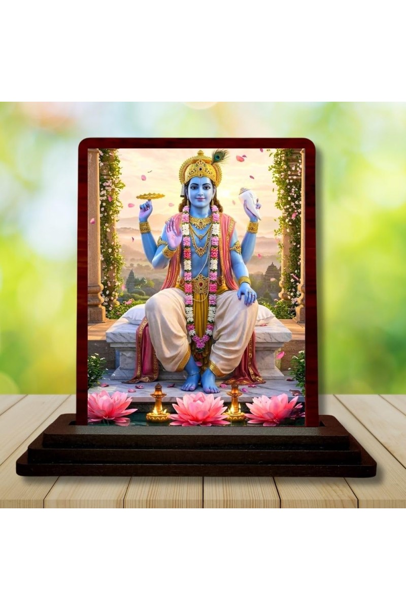 Car Desk/Table Top Lord Vishnu Wooden Photo Stand â€“ 3x4 Inches, Compact & Stylish Spiritual Display For Car, Home & Office (Pack Of 1) (F14536)
