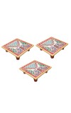 HiTechMart Handcrafted Marble Puja Chowki with Kundan Work, Makrana Marble Pooja Platform with Enamel Painting & Plastic Legs, Decorative Chowki for Mandir, Rituals, Home Décor - 4x4 inch (3, Square)