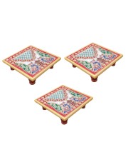 HiTechMart Handcrafted Marble Puja Chowki with Kundan Work, Makrana Marble Pooja Platform with Enamel Painting & Plastic Legs, Decorative Chowki for Mandir, Rituals, Home Décor - 4x4 inch (3, Square)