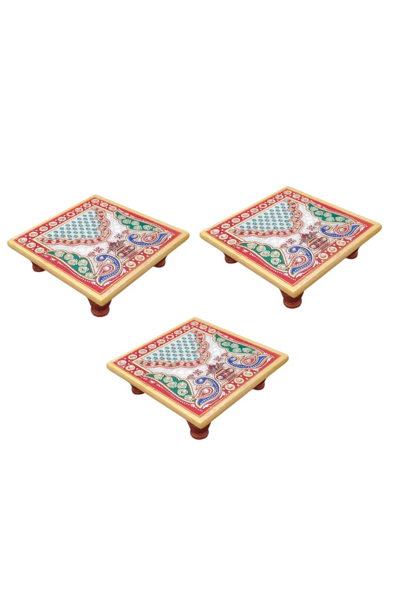 HiTechMart Handcrafted Marble Puja Chowki with Kundan Work, Makrana Marble Pooja Platform with Enamel Painting & Plastic Legs, Decorative Chowki for Mandir, Rituals, Home Décor - 4x4 inch (3, Square)
