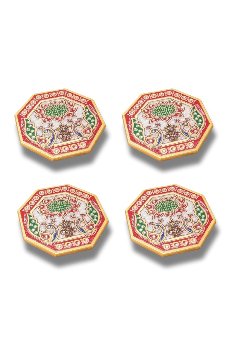 HiTechMart Handcrafted Octagon Marble Puja Chowki, Makrana Marble Pooja Platform with Kundan & Enamel Work, Decorative Pooja Chowki for Mandir, Home Temple, Festival, Gift Use – 4 Inch (4, Octagon)
