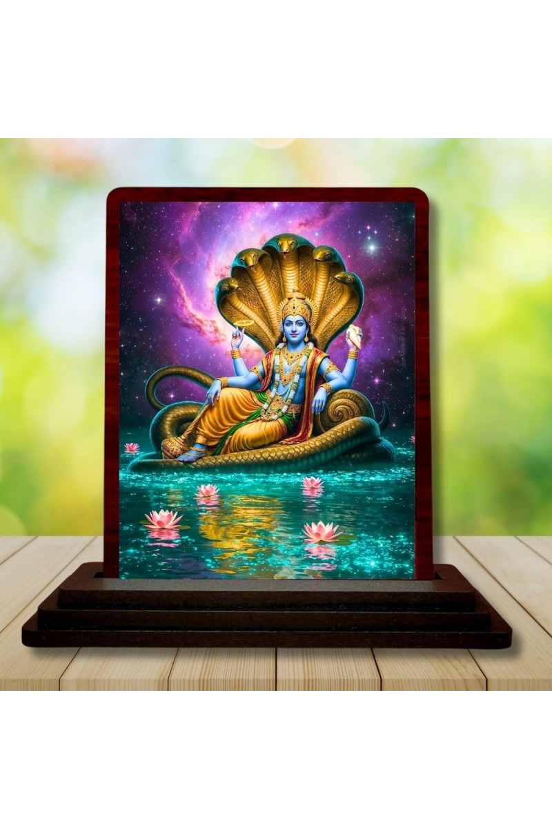 Car Desk/Table Top Lord Vishnu Wooden Photo Stand â€“ 3x4 Inches, Compact & Stylish Spiritual Display For Car, Home & Office (Pack Of 1) (F14421)