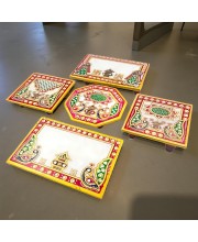 HiTechMart Makrana Marble Puja Chowki Combo Set – Hand-Painted Meenakari & Kundan Work Bajot/Singhasan for Mandir, Festival, Vrat, Decorative Pooja Platform for Idols & Gift Purpose