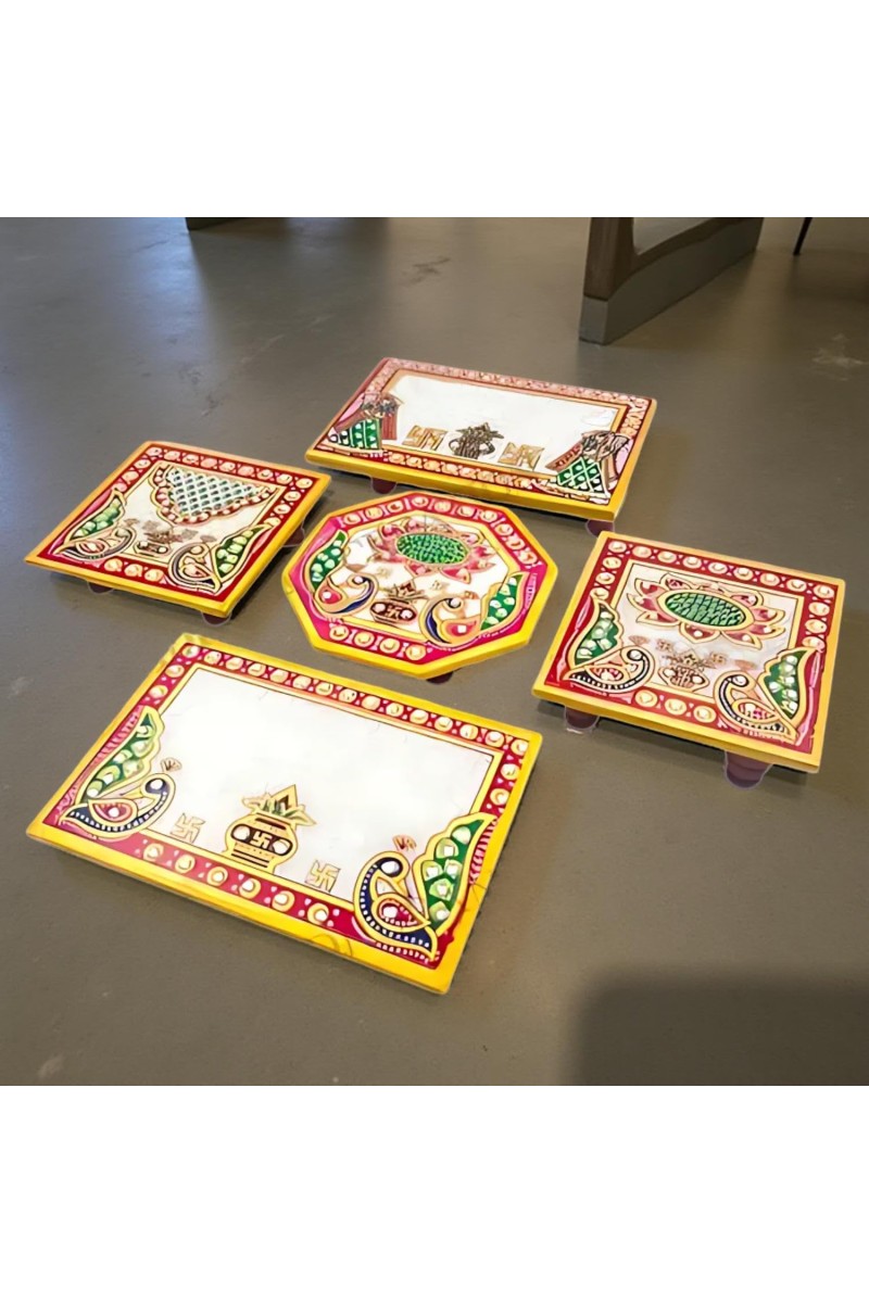 HiTechMart Makrana Marble Puja Chowki Combo Set – Hand-Painted Meenakari & Kundan Work Bajot/Singhasan for Mandir, Festival, Vrat, Decorative Pooja Platform for Idols & Gift Purpose