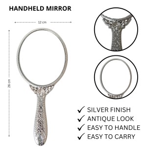 Hitech Sales Oval Silver-Plated Plastic Hand Mirror with One Wooden Hair Comb Free - Portable Mirror for Makeup, Travel, and Daily Use (Medium Size, Pack of 1)