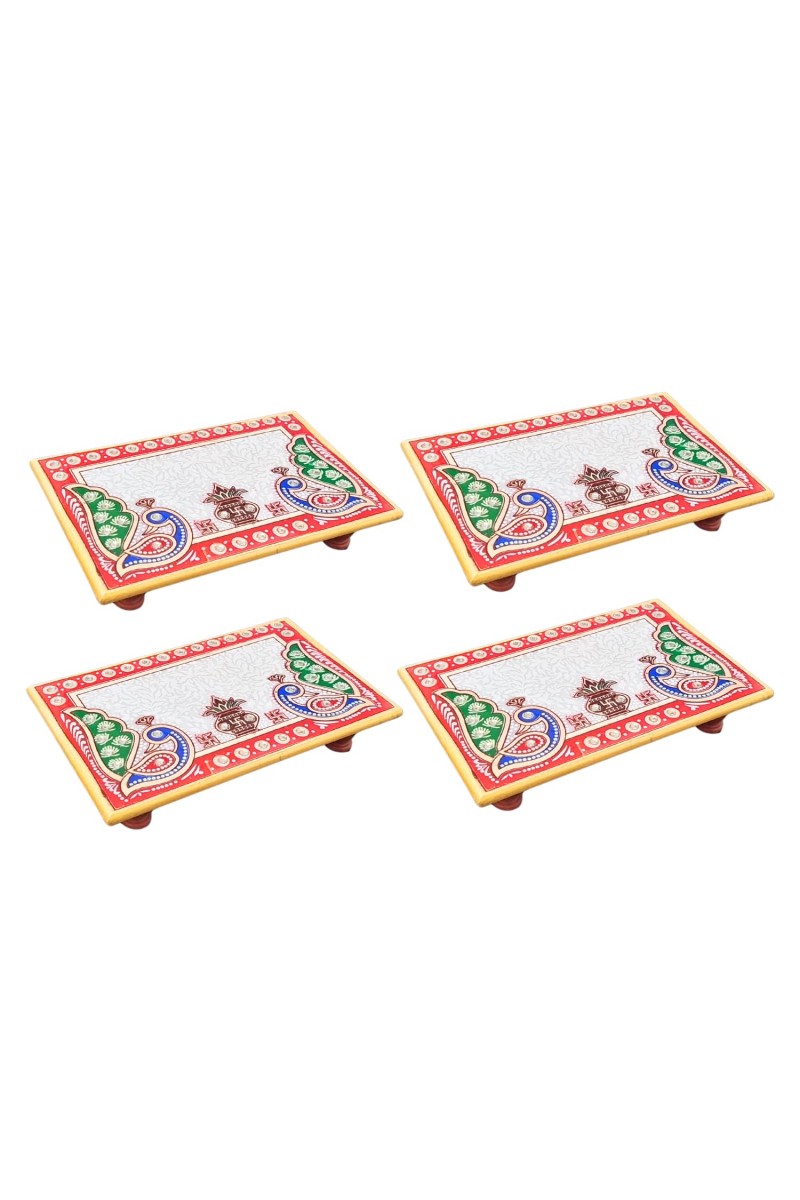 HiTechMart Makrana Marble Rectangular Puja Chowki with Hand-Painted Meenakari & Kundan Work – Decorative Bajot/Singhasan for Home Mandir, Vrat, Festivals, Pooja & Gifting Purpose (4, Rectangular)