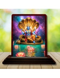 Car Desk/Table Top Lord Vishnu Wooden Photo Stand 3x4 Inches, Compact & Stylish Spiritual Display For Car, Home & Office (Pack Of 1) (F14604)