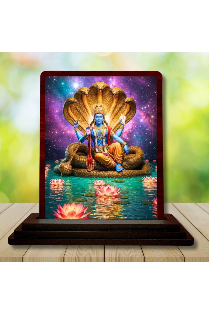 Car Desk/Table Top Lord Vishnu Wooden Photo Stand â€“ 3x4 Inches, Compact & Stylish Spiritual Display For Car, Home & Office (Pack Of 1) (F14604)