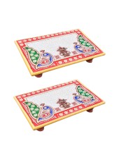 HiTechMart Makrana Marble Rectangular Puja Chowki with Hand-Painted Meenakari & Kundan Work – Decorative Bajot/Singhasan for Home Mandir, Vrat, Festivals, Pooja & Gifting Purpose (2, Rectangular)