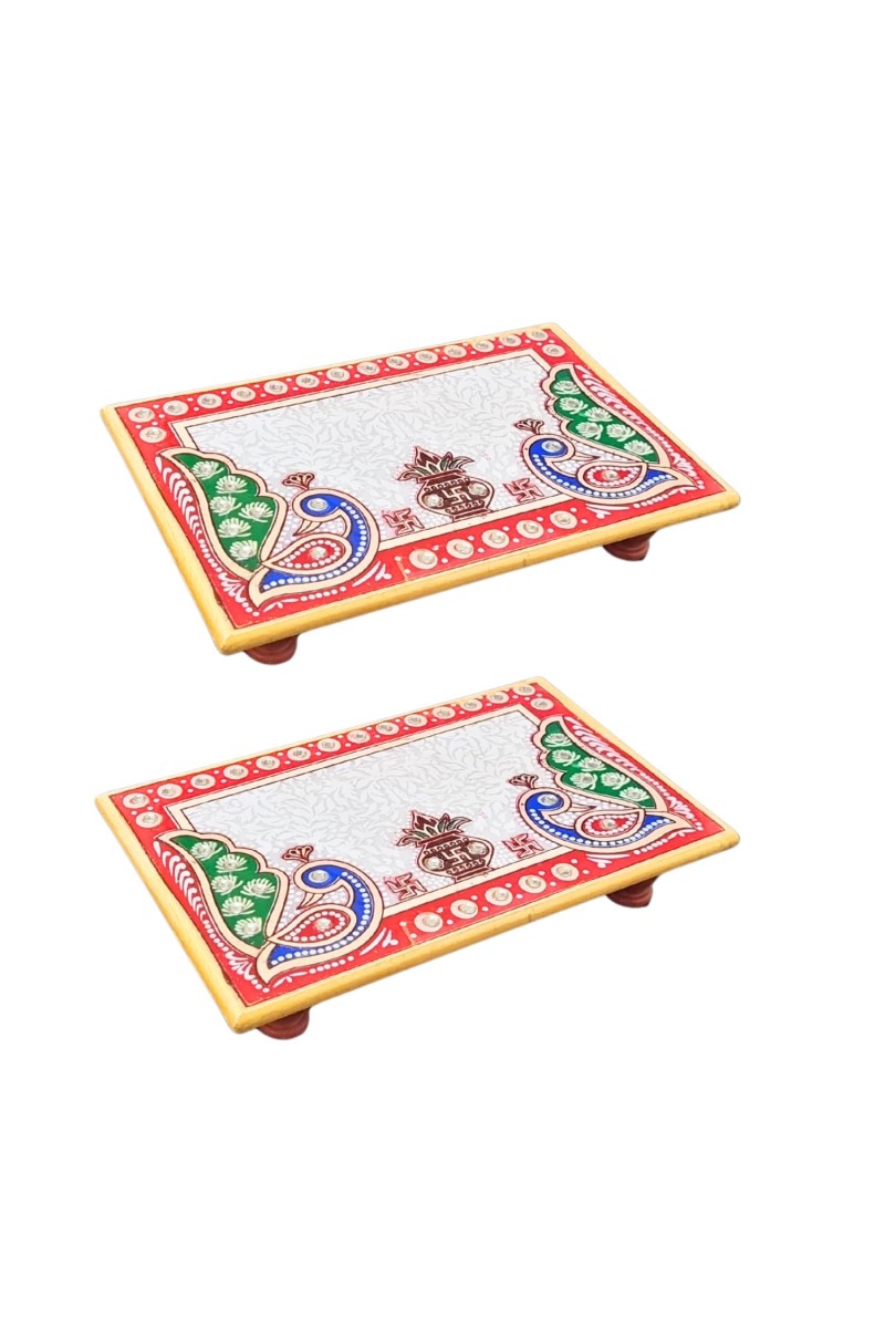 HiTechMart Makrana Marble Rectangular Puja Chowki with Hand-Painted Meenakari & Kundan Work – Decorative Bajot/Singhasan for Home Mandir, Vrat, Festivals, Pooja & Gifting Purpose (2, Rectangular)