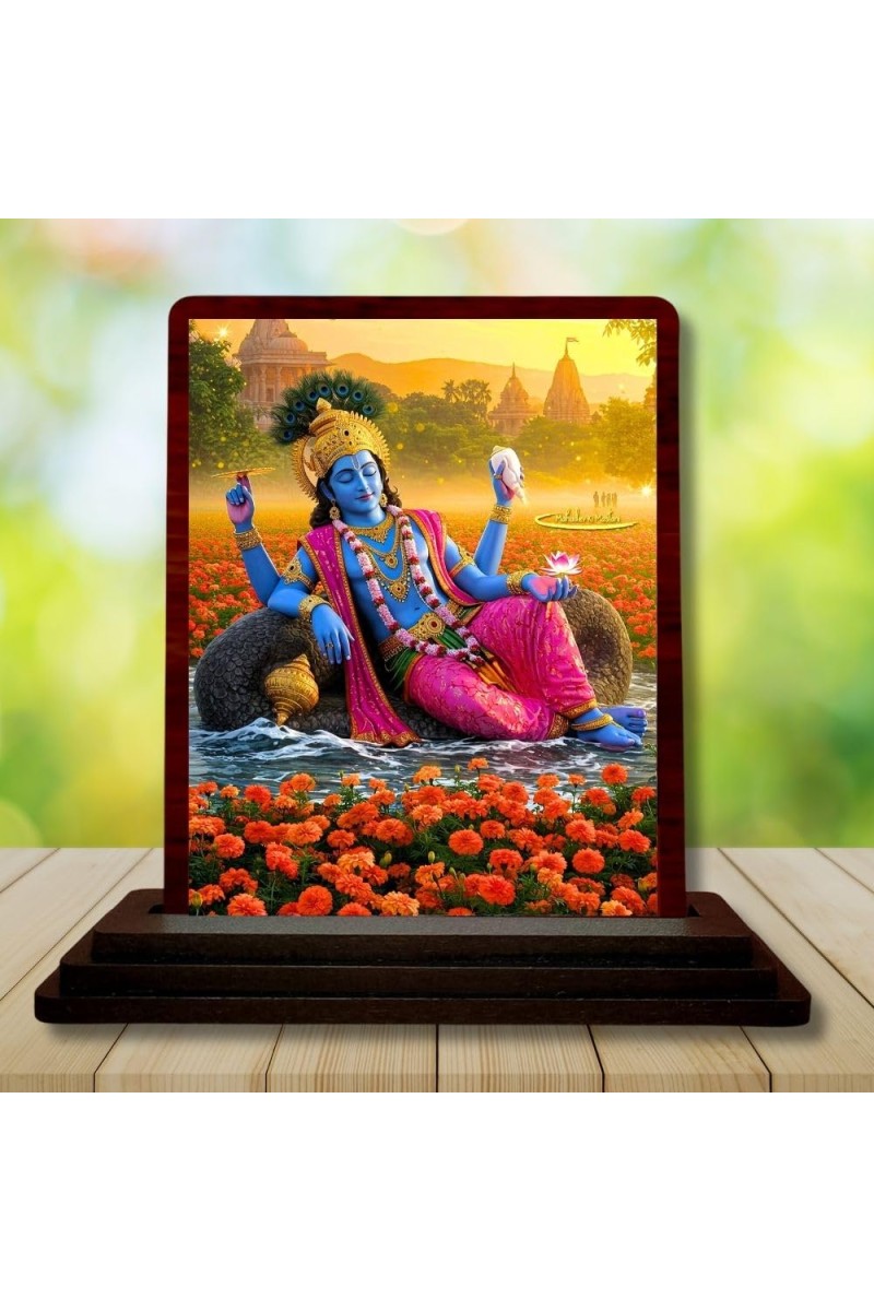 Car Desk/Table Top Lord Vishnu Wooden Photo Stand â€“ 3x4 Inches, Compact & Stylish Spiritual Display For Car, Home & Office (Pack Of 1) (F14404)