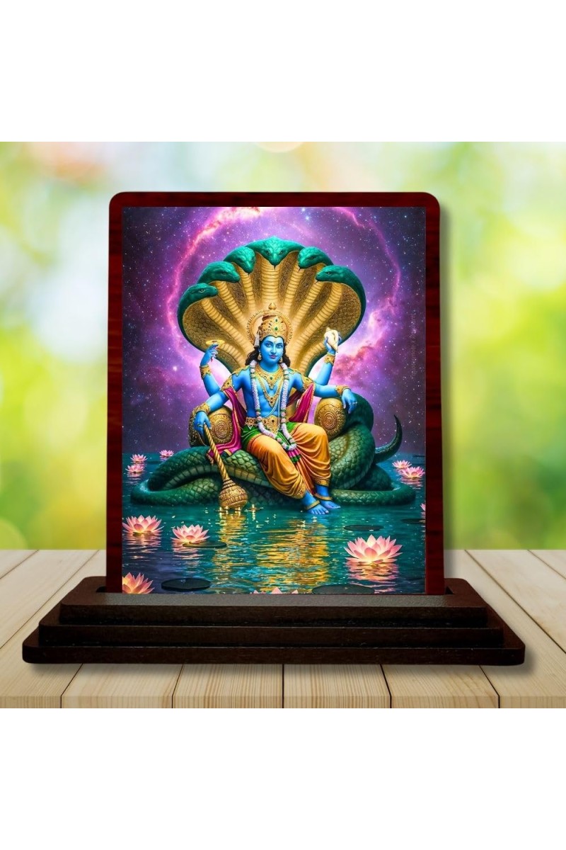 Car Desk/Table Top Lord Vishnu Wooden Photo Stand â€“ 3x4 Inches, Compact & Stylish Spiritual Display For Car, Home & Office (Pack Of 1) (F14605)