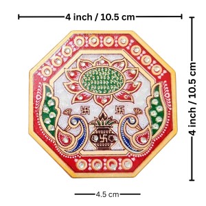 HiTechMart Handcrafted Octagon Marble Puja Chowki, Makrana Marble Pooja Platform with Kundan & Enamel Work, Decorative Pooja Chowki for Mandir, Home Temple, Festival, Gift Use – 4 Inch (1, Octagon)