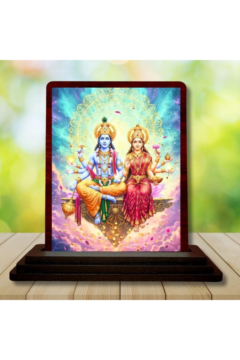 Car Desk/Table Top Lord Vishnu And Lakshmi Wooden Photo Stand â€“ 3x4 Inches, Compact & Stylish Spiritual Display For Car, Home & Office (Pack Of 1) (F14601)
