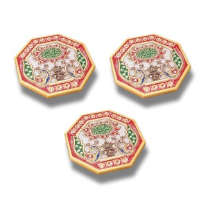 HiTechMart Handcrafted Octagon Marble Puja Chowki, Makrana Marble Pooja Platform with Kundan & Enamel Work, Decorative Pooja Chowki for Mandir, Home Temple, Festival, Gift Use – 4 Inch (3, Octagon)