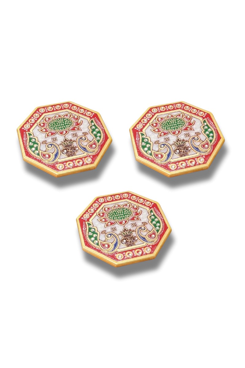 HiTechMart Handcrafted Octagon Marble Puja Chowki, Makrana Marble Pooja Platform with Kundan & Enamel Work, Decorative Pooja Chowki for Mandir, Home Temple, Festival, Gift Use – 4 Inch (3, Octagon)