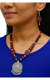 Handmade Beaded Necklace Set for Women with Oxidised Silver Pendant & Matching Earrings | Tribal Ethnic Jewellery | Boho Statement Necklace for Festive & Casual Wear