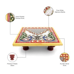 HiTechMart Handcrafted Marble Puja Chowki with Kundan Work, Makrana Marble Pooja Platform with Enamel Painting & Plastic Legs, Decorative Chowki for Mandir, Rituals, Home Décor - 4x4 inch (1, Square)