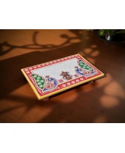 HiTechMart Makrana Marble Rectangular Puja Chowki with Hand-Painted Meenakari & Kundan Work – Decorative Bajot/Singhasan for Home Mandir, Vrat, Festivals, Pooja & Gifting Purpose (1, Rectangular)