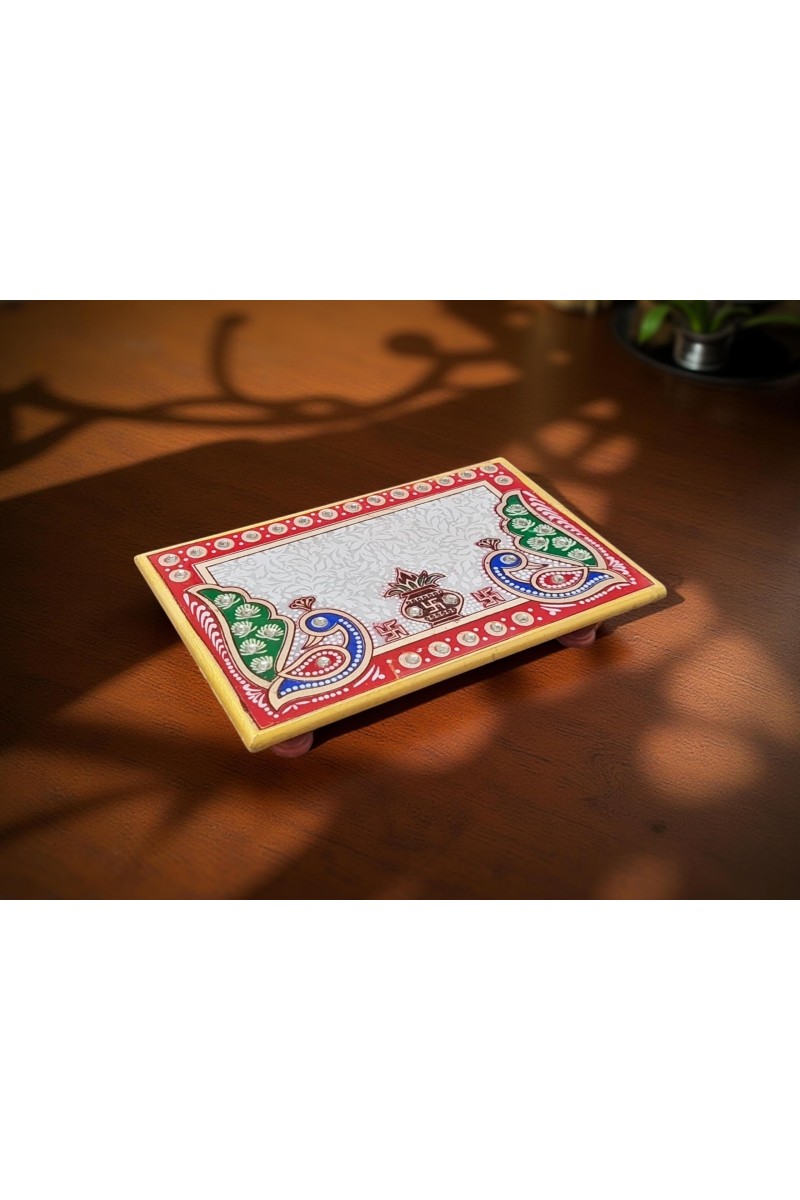 HiTechMart Makrana Marble Rectangular Puja Chowki with Hand-Painted Meenakari & Kundan Work – Decorative Bajot/Singhasan for Home Mandir, Vrat, Festivals, Pooja & Gifting Purpose (1, Rectangular)